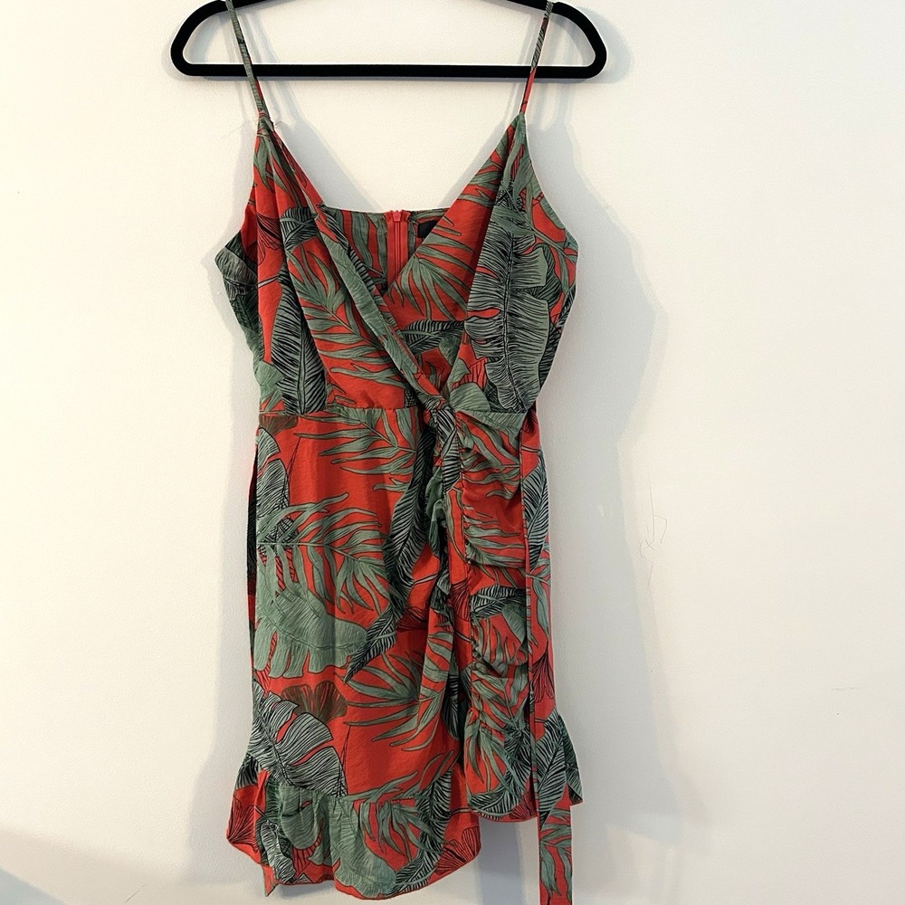 Missguided Tropical Palm Leaf Ruffle Mini Dress Red Sz 12 Faux Wrap Resortwear